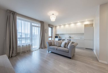 Oturma odası ve mutfak. Kanepe. Gri kanepe, Dinnig Masa, Perdeler, aksesuarlar ve dullarla mutfak ve oturma odası kompozisyonu. Ev dekoru. Duvara bak.