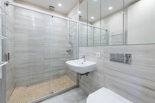 Bright Elegant Modern Minimalist Bathroom Interior Design Shower Room White Stock Photo