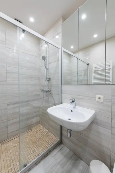 Bright Elegant Modern Minimalist Bathroom Interior Design Shower Room White Stock Picture