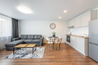 Modern Ev Oturma Odası ve Mutfak İçi. Lüks modern apartman dairesi. İç mekan, Mobilya, Beyaz Mobilya, İskandinav Tasarımı.