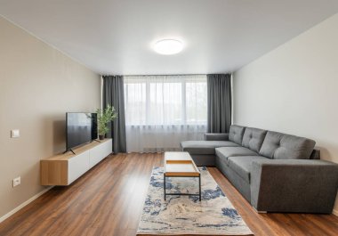 Modern Ev Oturma Odası İçi. Lüks modern apartman dairesi. Açık iç mekan, stil koltuğu, kahve masası, İskandinav tasarımı. TV Ekranı, Pencereler ve Perdeler.