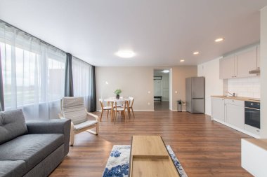 Modern Ev Oturma Odası ve Mutfak İçi. Lüks modern apartman dairesi. Açık Alan, Şık Koltuk, Beyaz Mobilya, İskandinav Tasarımı