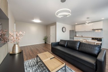 Modern Ev Oturma Odası ve Mutfak İçi. Lüks modern apartman dairesi. Açık Alan, Şık Siyah Deri Koltuk, Beyaz Mobilya, İskandinav Tasarımı. Banyo kapısı, TV ekranı