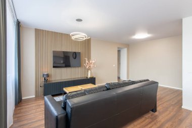 Modern Ev Oturma Odası İçi. Lüks modern apartman dairesi. Açık Alan, şık siyah deri kanepe, kahve masası, İskandinav tasarımı. Pencereler ve Perdeler. Yerde halı, TV ekranı.