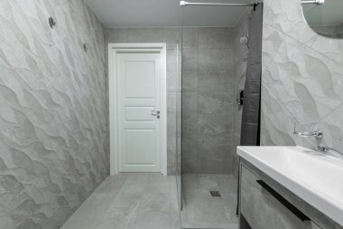 Parlak Zarif Modern Minimalist Banyo Beyaz Kapılı Duş Odasının İç Tasarımı, Gri Döşeme Duvarları, Duş, Lavabo