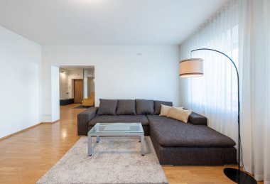 Modern Ev Oturma Odası İçi. Lüks modern apartman dairesi. Açık Alan, Şık Koltuk, Kahve Masası, İskandinav Tasarımı. Pencereler ve Perdeler. Yerde halı var.