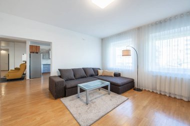 Modern Ev Oturma Odası İçi. Lüks modern apartman dairesi. Açık Alan, Şık Koltuk, Kahve Masası, İskandinav Tasarımı. Pencereler ve Perdeler. Yerde halı var.