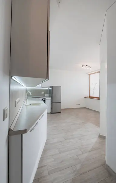 İskandinav tarzı rahat modern açık minimalizm mutfak iç mimarisi. Fırın, Musluk, Buzdolabı. Beyaz renk. Geniş Açı