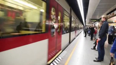 Yeraltı tren istasyonundaki yolcular. Demiryolu. Toplu taşıma. Viyana, Avusturya.