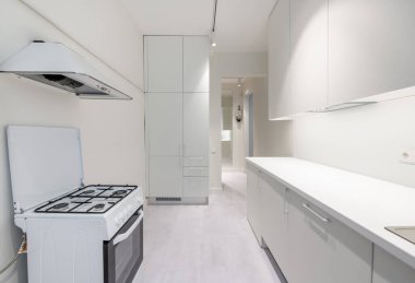 İskandinav tarzı rahat modern açık minimalizm mutfak iç mimarisi. Gaz Fırını, Musluk ve Mobilya. Beyaz Dolaplar, LED Işıklar