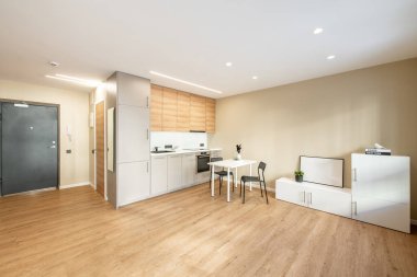 Modern Ev Oturma Odası ve Mutfak İçi. Lüks modern apartman dairesi. Açık iç mekan, beyaz mobilya, İskandinav tasarımı. Geniş Açı