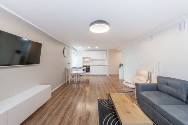 Modern Ev Oturma Odası ve Pencereler. Modern bir apartman dairesi. İç mekan, Moda Koltuğu, TV Ekranı, Hardwood Döşeme ve Mutfak Alanı. Yemek masası. Geniş Açı