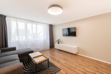 Modern Ev Oturma Odası ve Pencereler. Modern bir apartman dairesi. İç mekan, stil koltuğu, kanepe, TV ekranı, döşeme. Tahta Kol Sandalyesi. Geniş Açı