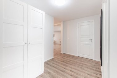 Ev Girişi Salonu. İç mekan. Tahta beyaz kapı, Kahverengi döşeme ve beyaz gardırop. Ayna. Yatak odasını ve oturma odalarının kapılarını açın. Minimalizm. LED Işık. Geniş Açı