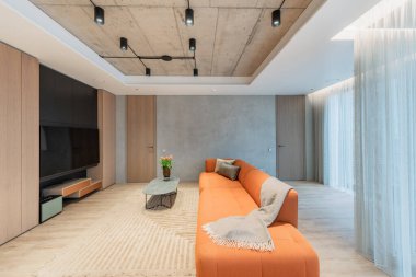 Modern Ev Oturma Odası. Lüks modern apartman dairesi. Açık iç mekan, portakal renkli kanepe, kanepe, gardırop, mobilya, İskandinav tasarımı. Masada çiçekler var. Pencere Perdeleri Halısı