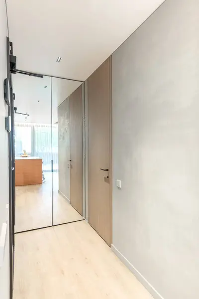Ev Girişi Salonu. İç mekan. Tahta Siyah Açık Kapı, Kahverengi Zemin. Minimalizm. LED Işık. Ayna. Banyo kapısı. Geniş Açı