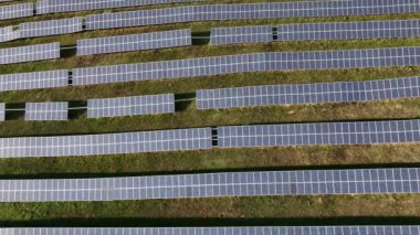 Sıra sıra fotovoltaik paneller. Yenilenebilir enerji oluştur. Drone bakış açısı. Güneş enerjisi santrali panelleri. Fields Green Energy Sunset 'te. Elektrik Güç Ekolojisi ortamı. Elektrik İnovasyonu. 4k