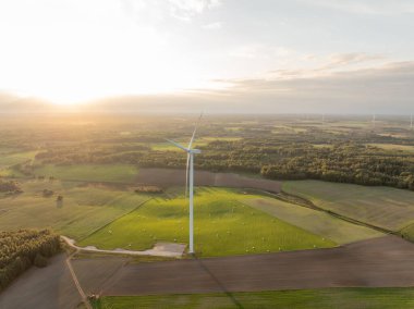 Rüzgar Türbini Rüzgar Parkı. Hava Aracı Görünümü. Uzakta daha fazla rüzgar türbini olan hava aracı görüş noktası. Kıyıdaki ve tarımdaki sürdürülebilir sinerji. Güzel bir manzara. Altın Saat.