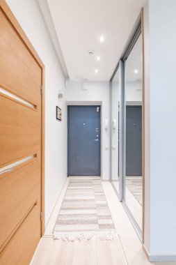 Ev Girişi Salonu. İç mekan. Tahta dış kapı, kahverengi zemin. Minimalizm. LED Işık. Dolap, sağdaki gardırop. Mirrow, Yerdeki Halı. Geniş Açı