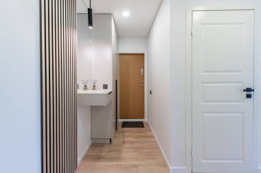 Ev Girişi, Koridor İçi. Tahta dış kapı, kahverengi zemin. Minimalizm. LED Işık. Dolap, gardırop solda. Ayna. Geniş Açı