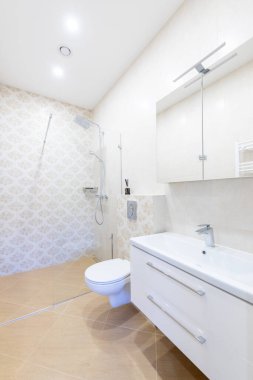 Parlak Modern Lüks İskandinav Banyosu Duş İç Tasarımı. LED ışıkları. Beyaz ısıtıcı. Duş odası. LED Işık. Döşeme döşemesi. Geniş Açı