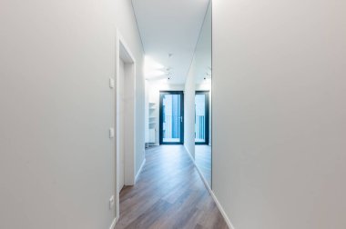 Parlak ve temiz bir iç koridor, doğal ahşap döşeme, büyük bir ayna ve minimalist bir tasarım. Modern ışıklandırma ve açık havaya açılan şık bir kapı. Modern Ev Koridoru
