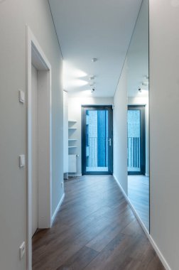 Parlak ve temiz bir iç koridor, doğal ahşap döşeme, büyük bir ayna ve minimalist bir tasarım. Modern ışıklandırma ve açık havaya açılan şık bir kapı. Modern Ev Koridoru