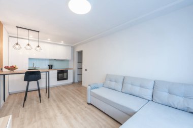 Parlak modern mutfak ve açık alanı olan oturma odası. Konforlu mobilyalar, şık aletler ve çağdaş tasarım gibi özellikler mevcuttur. Modern Açık Oturma Odası ve Şık Dekorlu Mutfak İçi.