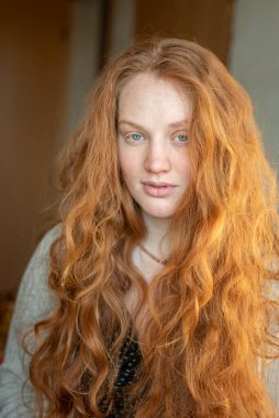 Kafkasyalı beyaz bir kadının yakın plan portresi canlı kızıl, kızıl saçlı, kızıl saçlı ve çilli doğal güzellik ve yüz ifadesi sergiliyor. Yumuşak ışıklandırma özelliklerini geliştirir.
