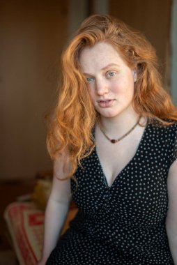 Kafkasyalı beyaz bir kadının sakin ve düşünceli bir portresi. Çekici kızıl saçlı, kızıl saçlı, evde oturan ve rahat oturan...,