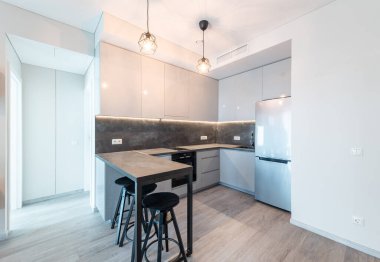 Modern aletleri, temiz tasarım çizgileri ve minimalist dekorları olan parlak ve şık bir ev mutfağı. Pratik tezgahlar ve tabureler ile işlevsel ve estetik