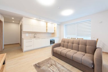 Parlak ve ferah ev planlı yaşam alanı modern bir mutfak, rahat bir kanepe ve pencere perdelerinden süzülen doğal ışık filtreli zarif mobilyalar..