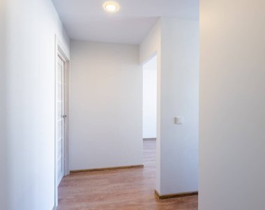 Minimalist, soluk duvarları, ahşap döşemeleri ve pencereden içeri giren doğal ışığı olan boş bir oda. Beyaz Duvar Odası Köşesi. Tahta Kapı.