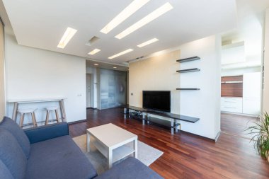 Rahat mobilyaları, şık ahşap döşemeleri ve geniş pencereleri olan rahat bir oturma odası olan parlak ve modern bir daire..