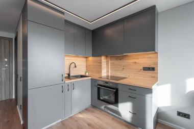 Çağdaş mutfak, parlak gri dolaplar, doğal ahşap aksanlar, dahili aletler, ortam aydınlatması, hepsi tasarlanmış. Modern Minimalist Ev Mutfağı Gri Dolaplar Ahşap Tezgahlar