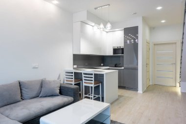 İçinde gri L şeklinde bir kanepe, beyaz ve gri dolaplı küçük bir modern mutfak ve açık ahşap döşeme olan şık bir daire. Alan açık ve havadar. Ev İçi