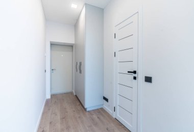 Parlak ve modern bir minimalist koridorda beyaz kapılar, dahili depolar ve açık ahşap döşemeler var. Modern Minimalist İçişleri Koridoru Beyaz Kapılar Ahşap Döşeme. İskandinav Tarzı, Ev