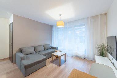 Gri bir kanepe, ahşap döşeme ve dik perdeler ve televizyon ekranlarıyla kaplı büyük pencereli iyi ışıklandırılmış çağdaş bir oturma odası. Modern Ev Parlak Oturma Odası, Minimalist Mobilya Geniş Pencereler