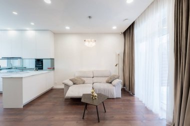 Modern Ev Oturma Odası. Lüks modern apartman dairesi. İç mekan, kanepe, mobilya, İskandinav tasarımı. Arka plandaki mutfak. Geniş Açı