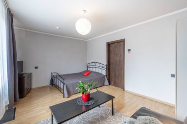 Ev Salonu ve Yatak Odası. Pencereler, Balkon, Stil Retro Style Apartmanı. Açık alan, kanepe, kanepe ve çift kişilik yatak. Ahşap döşeme ve halı. Kahve masası ve çiçek. Geniş Açı