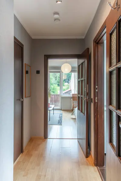 Ana Koridor, Giriş Salonu. Koridorda. Duvarlar, Hardwood döşemesi. Tavandaki LED ışığı. Eski Retro Doors. Geniş Açı