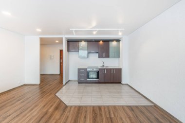 Modern Ev Oturma Odası ve Mutfak İçi. Lüks modern apartman dairesi. Açık iç mekan. İskandinav Tasarımı. Geniş Açı