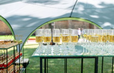 Güneşli bir açık hava toplantısında yansıtıcı bir yüzeye düzgünce yerleştirilmiş birkaç bardak köpüklü şampanya, neşeli bir atmosferi ön plana çıkarıyor..