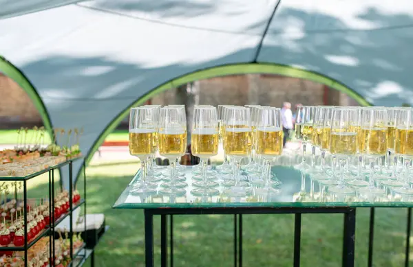 Güneşli bir açık hava toplantısında yansıtıcı bir yüzeye düzgünce yerleştirilmiş birkaç bardak köpüklü şampanya, neşeli bir atmosferi ön plana çıkarıyor..