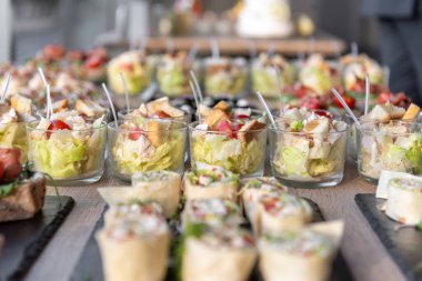 Çeşitli düğün aperatifleri, ambalajlar ve salatalar da dahil, tepsilerde yiyecek ve içecekler için güzel bir şekilde sergileniyor. Etkinlikler, partiler ya da kutlamalar için mükemmel, gurme yemek sunumu