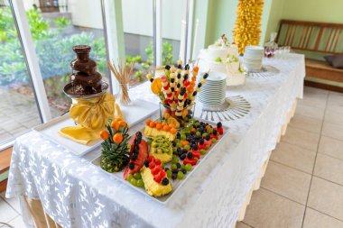 Bir çikolata çeşmesi, canlı meyve tabakları ve detaylı tatlı planlarıyla dekoratif düğün masası düzenlemesi. Kutlamalar için şenlikli ve misafirperver bir ortam yaratıyor.