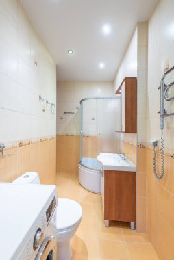 Duş kabini, fonksiyonel çamaşır makinesi ve fayanslı yüzeyli kompakt bir tasarımı olan modern banyo, küçük alanları optimize etmek ve çağdaş bir estetiği korumak için mükemmel..