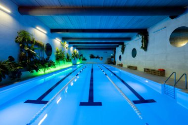 A serene indoor swimming pool featuring vibrant greenery along the walls, ambient blue lighting, and clean, contemporary design. Ideal for relaxation, swimming, and exercise in a tranquil environment.