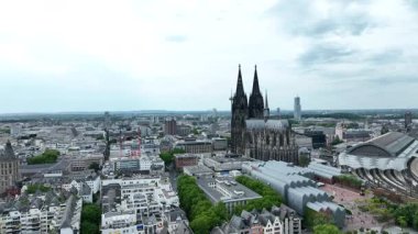 Cologne City Cathedral and Central Train Station, Hbf. Germany, Drone. Sightseeing, 4k