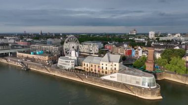 Cologne City Giant Ferris Wheel Chocolate Museum Cologne Deutsches Sport Olympia Museum. Germany, Drone. Rhine River